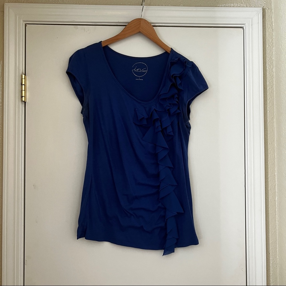 INC BLue Ruffle top - Picture 2 of 5